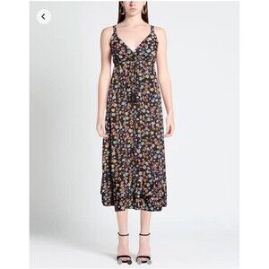 Iconique Women's Black Floral Midi Polysilk Sun Dress SZ XL Made in Italy